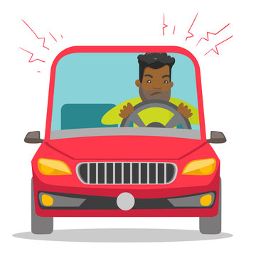 Angry black man in a car stuck in traffic jam. Irritated young hipster man with beard driving a car in a traffic jam. Vector cartoon illustration isolated on white background. Square layout.