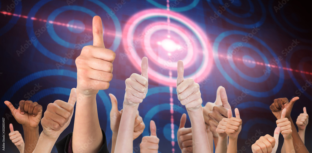 Poster hands showing thumbs up against digital target over computing design