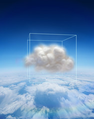 Cloud floating in a box against blue sky over clouds at high altitude