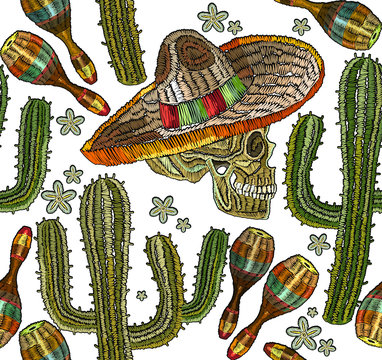 Embroidery mexican culture seamless pattern art. Classical ethnic embroidery skull, day of the dead pattern. Clothes template, t-shirt design. Human skull and maracas, cactus