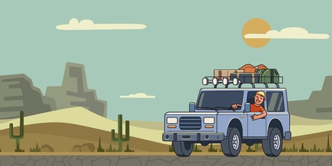 SUV car with luggage on the roof and smiling guy behind the wheel on canyon desert background. Off-road vehicle, table mountains, cactuses and desert. Vector illustration. Flat style. Horizontal.