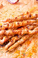 Fresh and crispy rustic pork belly grill sticks