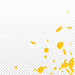 Indian rupee coins falling. Scattered disorderly INR coins on transparent background. Wondrous scattered bottom right corner vector illustration. Jackpot or success concept.
