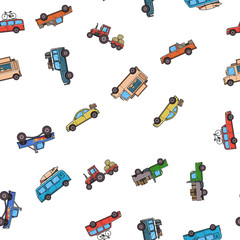 Colorful cars and trucks seamless pattern. White background. Vector illustration. Flat style.