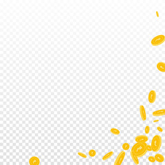 Indian rupee coins falling. Scattered disorderly INR coins on transparent background. Artistic abstract right bottom corner vector illustration. Jackpot or success concept.