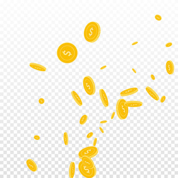 American dollar coins falling. Scattered disorderly USD coins on transparent background. Artistic radiant right bottom corner vector illustration. Jackpot or success concept.