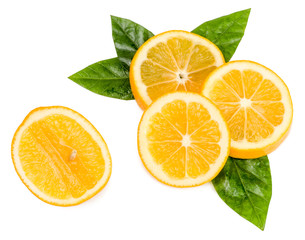Slices lemon with green leaves isolated on white background