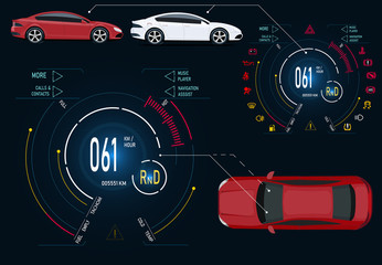 Car service. Digital automotive dashboard of a modern car. Graphic display, diagnostics. illustration