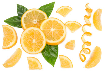 Slices lemon with green leaves isolated on white background