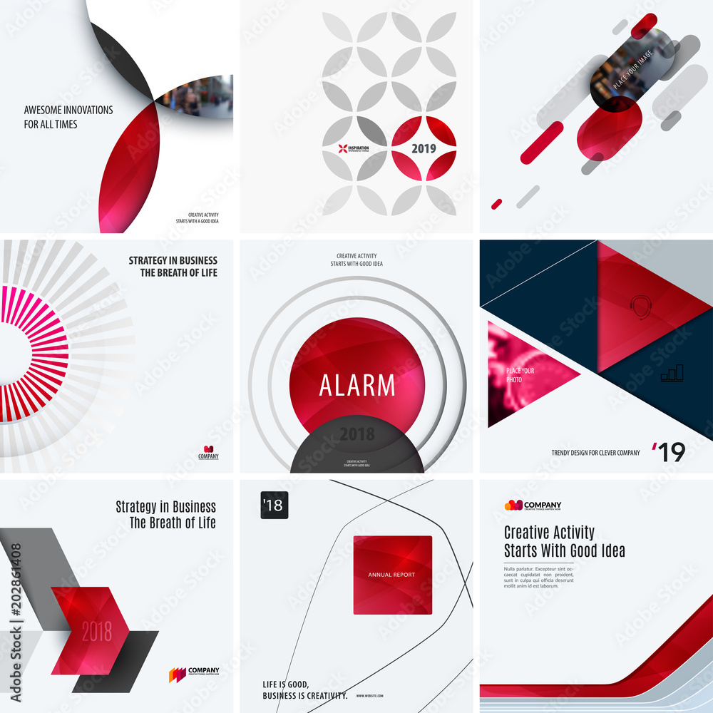 Poster design set of red colourful abstract vector elements for modern background with circles, squares, tr