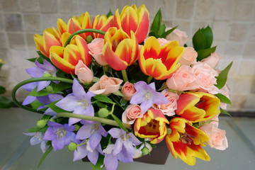 Beautiful Flower bouquet blooming orange and purple tulip flower and different flower