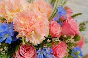 Flower bouquet with colorful Gypsophila and pink Hydrangea macrophylla flower	