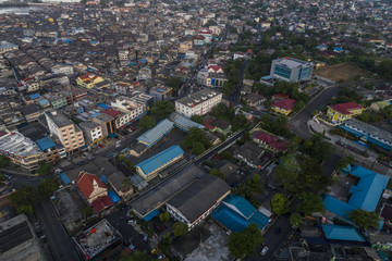 Tanjung Pinang Fishing village along Bintan coastal line aerial view, Indonesia