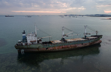 Ship wreck on island aerial view, Batam, Indonesia