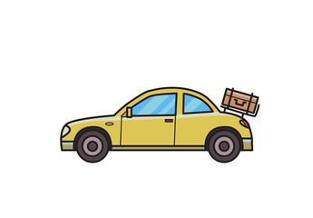 Coupe car with luggage on the rear hood. Hatchback, side view. Isolated image on white background. FVector illustration. Flat style.