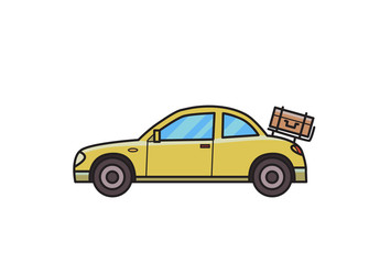 Obraz premium Coupe car with luggage on the rear hood. Hatchback, side view. Isolated image on white background. FVector illustration. Flat style.