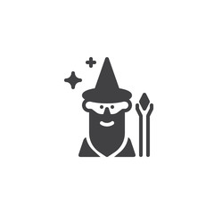 Magician with magic wand vector icon. filled flat sign for mobile concept and web design. Wizard with hat simple solid icon. Symbol, logo illustration. Pixel perfect vector graphics