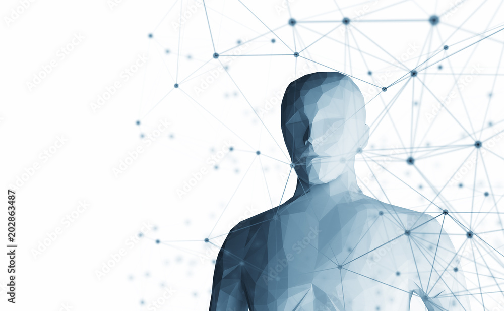 Poster human. wireframe model with connection lines on white background, artificial intelligence in futuris