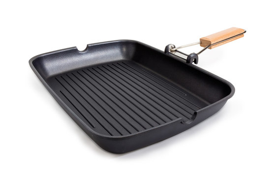 Rectangular grill pan with non-stick coating and wooden handle