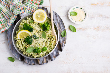 Traditional pasta tripoline with pesto