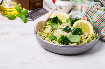 Traditional pasta tripoline with pesto