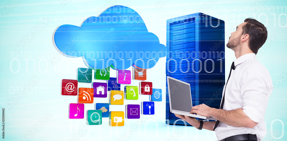 Poster sophisticated businessman standing using a laptop against composite image of cloud with apps