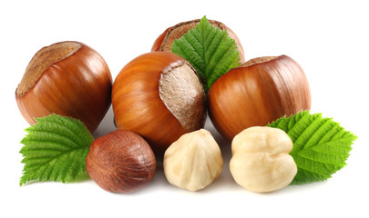 hazelnuts with leaves isolated on white background. macro