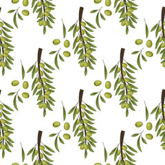 Olives seamless pattern with ripe olives background design vector illustration for olive oil, natural cosmetics.