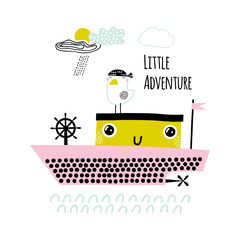 Naklejka premium Cute ship print in the hand drawn style. Modern hand drawn ship design for poster, card, bag and t-shirt, cover. Vector illustration. Slogan - Little adventure.