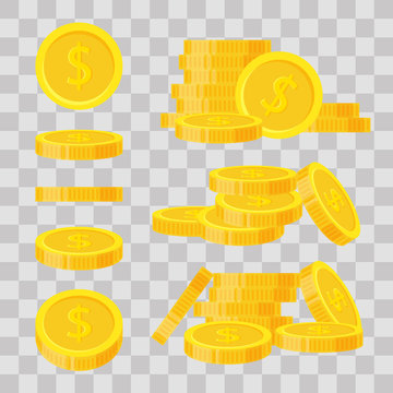 Set Coins Stack Vector Illustration, Icon Flat Finance Heap, Dollar Coin Pile. Golden Money Standing On Stacked, Gold Piece On Transparent Background - Flat Style