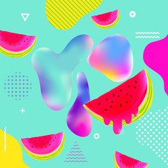Fluid multicolored background with watermelon vector illustration. Fluid color cover design with geometric shapes and watermelons. Colorful food pattern texture. Template background