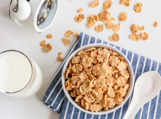 Healthy Corn Flakes with milk for Breakfast on table, food and drink