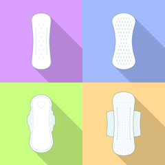 Colored flat icon, simple vector. Set of different sanitary napkins with long shadow on color background. Illustration for feminine hygiene, medicine, menstruation. Symbol of absorbent pad for woman