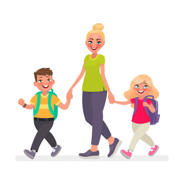 Mom goes with the kids to school. Primary school children and mother together. Vector illustration