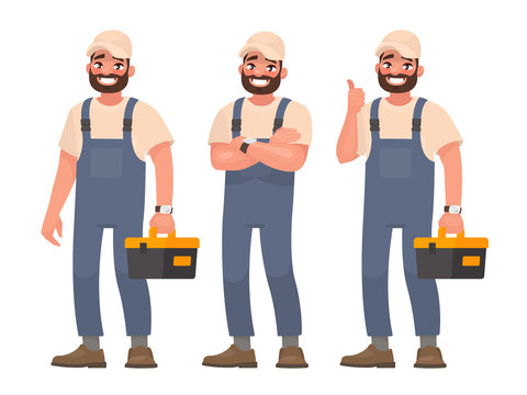 Happy repairman or mechanic with a toolbox. Set of different poses. Vector illustration