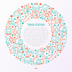 Train station concept in circle with thin line icons: information, ticket office, toilet, taxi, metro, waiting room, luggage storage, turnstile, bicycles rent. Modern vector illustration for banner.
