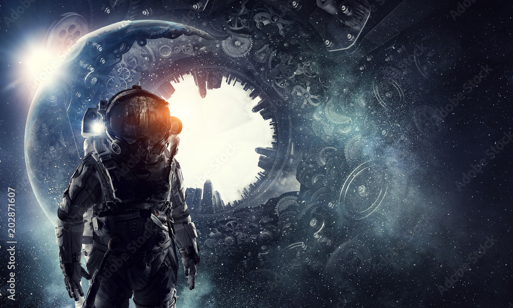 Wall mural astronaut in fantasy world. mixed media