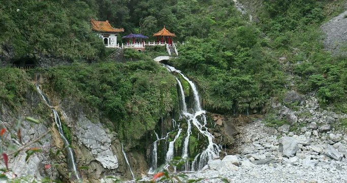 Scenery of Changchun temple Eternal spring shrine with fog and waterfall in Taroko national park at Hualien Taiwan