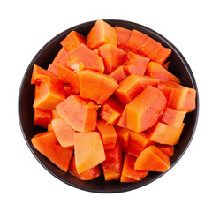 Cut into pieces of ripe papaya fruit isolated on white background