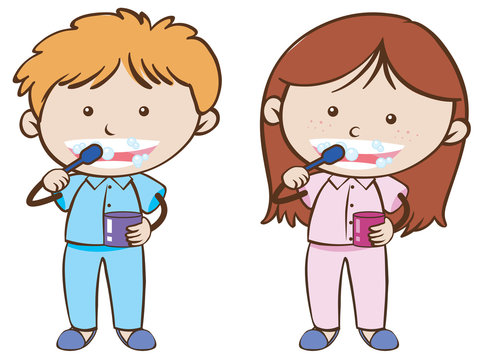 Boy and Girl Brushing Teeth