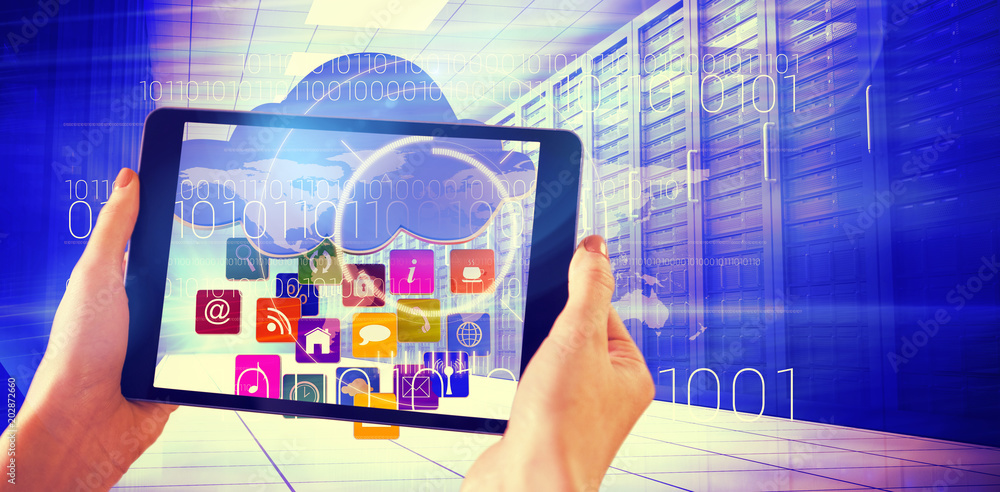 Poster finger pointing to tablet against composite image of cloud with apps