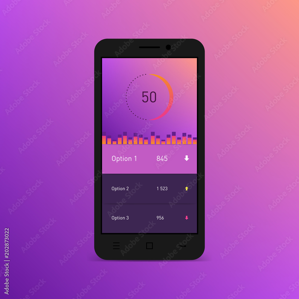 Aufkleber dashboard infographic template on the smartphone screen. vector gradient mockup. modern ui web desig