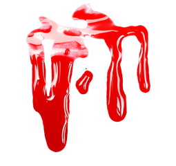 Spilled red watercolor puddle isolated on white background, top view