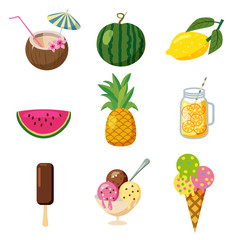 Set of tropical cute summer icons, fruits, ice cream tropical cocktailes cartoon style, isolated