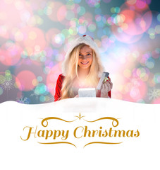 sexy santa girl opening gift against border