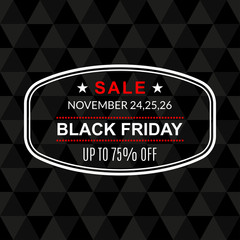 75% off. Black Friday discount banner. Sale tag or stamp. Special offer, flyer, promo design element. Vector illustration.