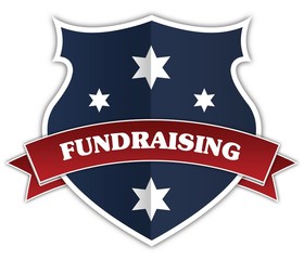 Blue shield and red ribbon with FUNDRAISING text.