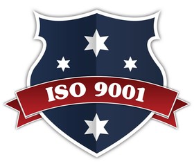 Blue shield and red ribbon with ISO 9001 text.