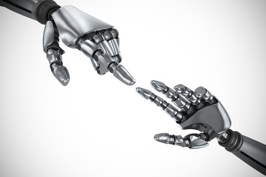 Silver robot arm pointing at something against cropped image of robot hand