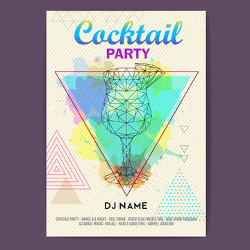 Triangle Cocktail blue hawaii on artistic polygon watercolor background. Cocktail disco party poster